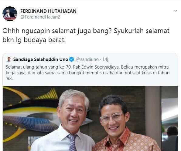 Sindir Sandiaga Beri Ucapan Selamat, Demokrat: Syukur Bukan Budaya Barat