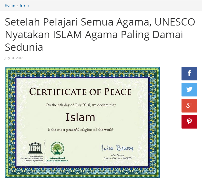 &#91;SALAH&#93; UNESCO Nyatakan ISLAM Agama Paling Damai Sedunia