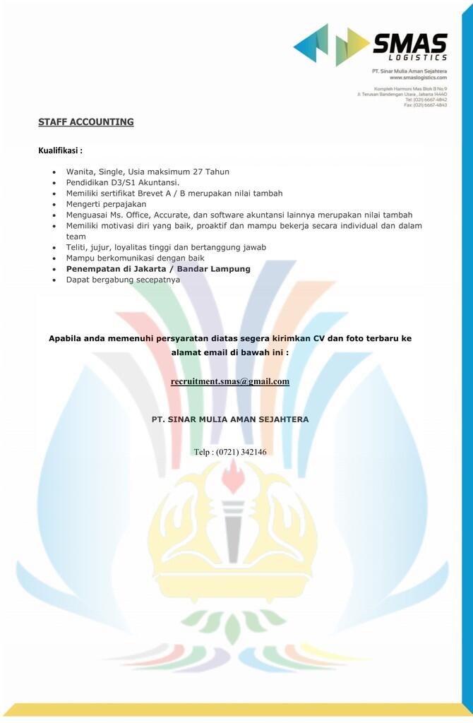 Lampung - Loker Staff Accounting PT Sinar Mulia Aman Agustus 2019