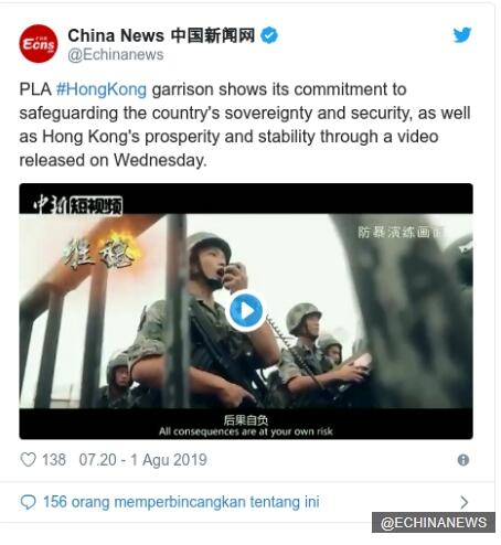 Militer China rilis video, peringatkan demonstran: 'Anda menanggung risiko'