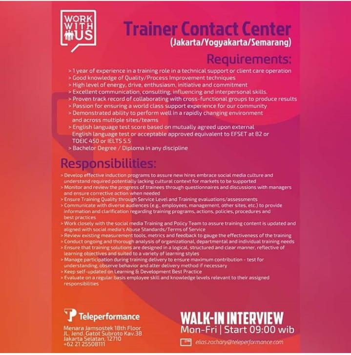 Lowongan Kerja Terbaru untuk Trainer Contact Center (Jakarta / Yogyakarta / Semarang)