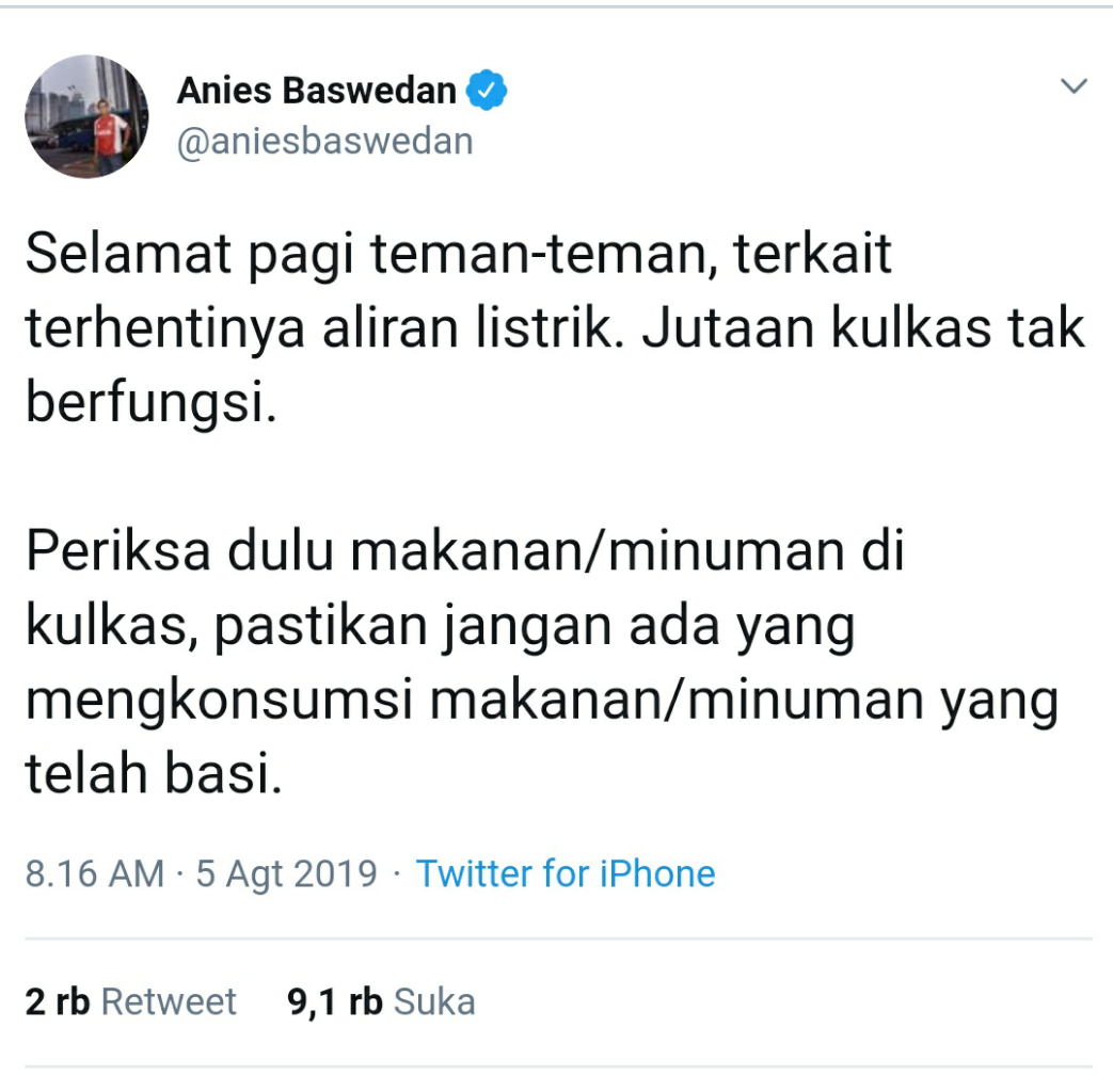 Listrik Masih Padam di Sebagian Wilayah Jakarta, Anies Imbau Warga Periksa Isi Kulkas