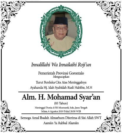 Ayahanda Istri Gubernur Gorontalo Berpulang