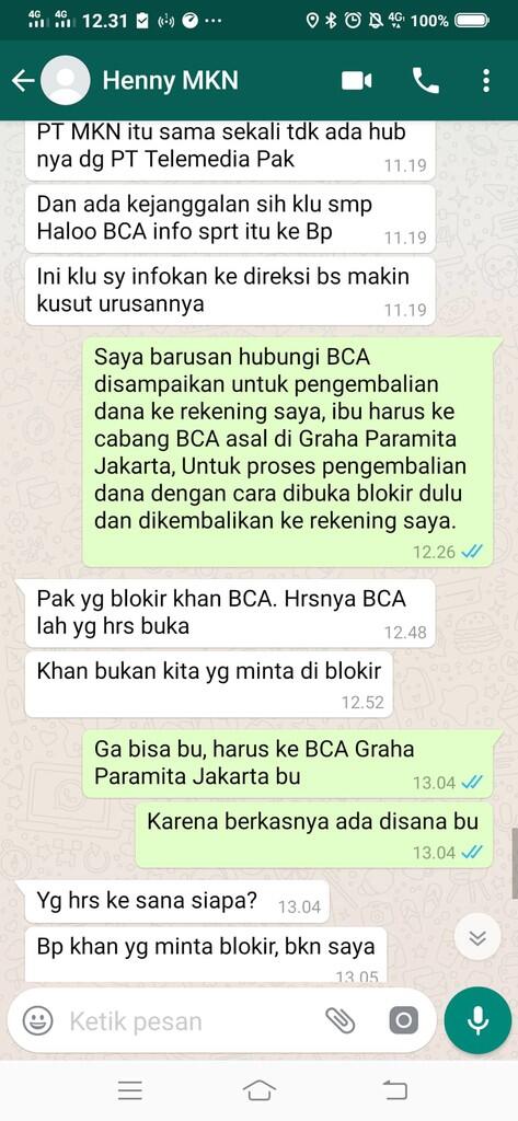 SALAH TRANSFER KE REKENING BCA TELEMEDIA ONYX PRATAMA PT MOHON KEMBALIKAN UANG SAYA