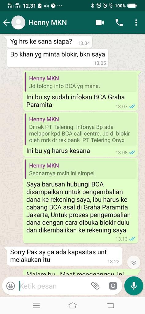SALAH TRANSFER KE REKENING BCA TELEMEDIA ONYX PRATAMA PT MOHON KEMBALIKAN UANG SAYA