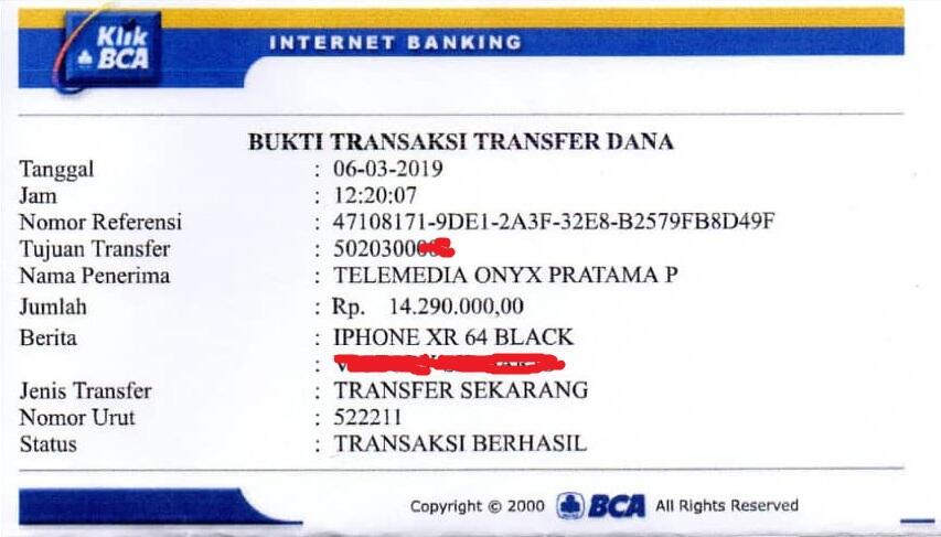 SALAH TRANSFER KE REKENING BCA TELEMEDIA ONYX PRATAMA PT MOHON KEMBALIKAN UANG SAYA