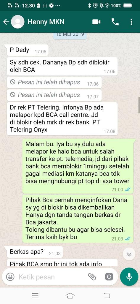 SALAH TRANSFER KE REKENING BCA TELEMEDIA ONYX PRATAMA PT MOHON KEMBALIKAN UANG SAYA