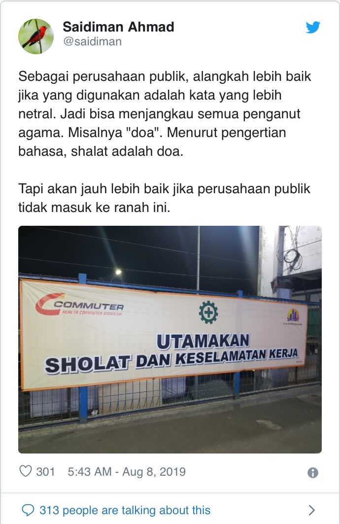 Spanduk Imbauan Utamakan Sholat dan Keselamatan Kerja Commuter Line Menuai Kritik