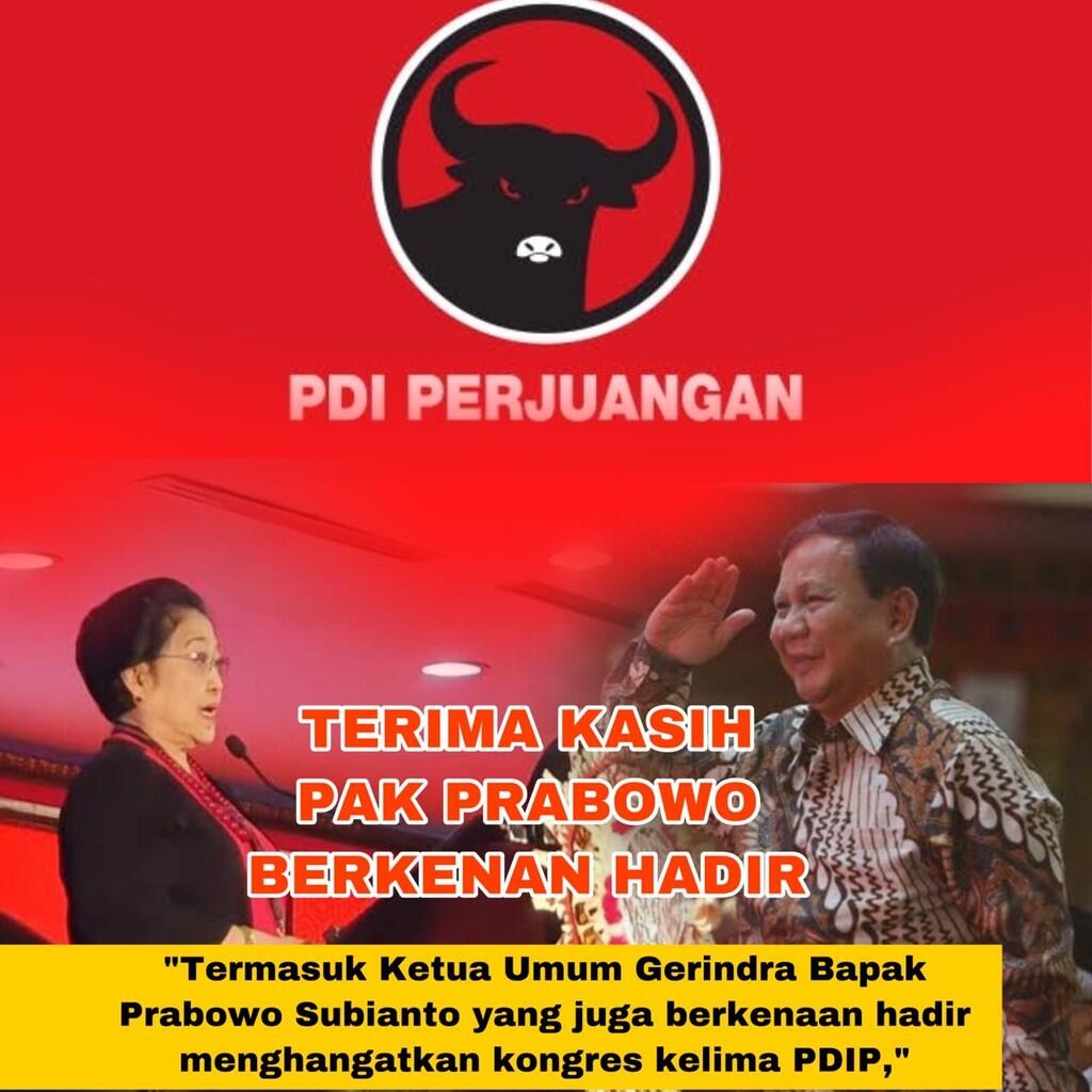 Prabowo Hadir di Kongres PDI Perjuangan, Rekonsiliasi Politik menjadi Tujuan Utama