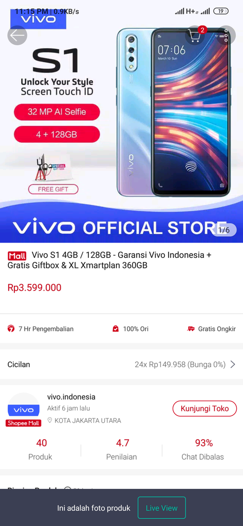 Seller Vivo Indonesia di Shopee mall penipu atas produk yang di jual Vivo S1