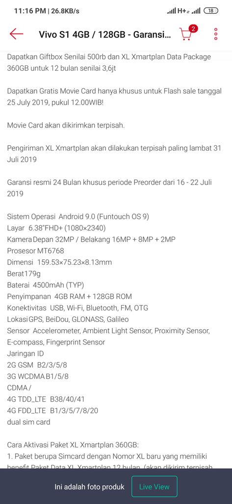 Seller Vivo Indonesia di Shopee mall penipu atas produk yang di jual Vivo S1