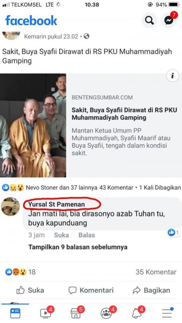 Buya Syafii Laporkan Seseorang yan Diduga Melakukan Ujaran Kebencian