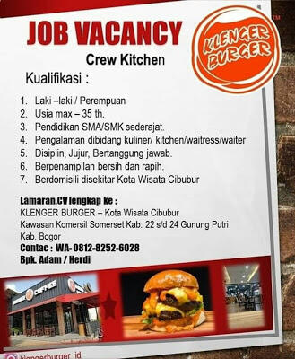 Lowongan kerja crew kitchen klenger burger