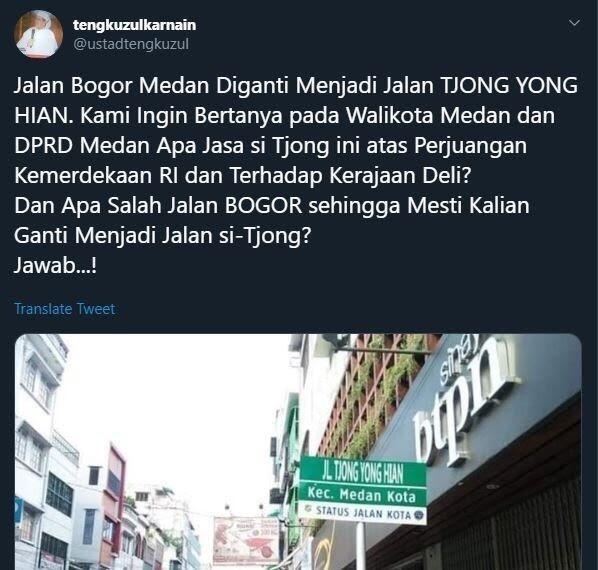 Protes Jalan Bogor Diganti Tjong Yong Hian, Tengku Zul Dirisak Warganet