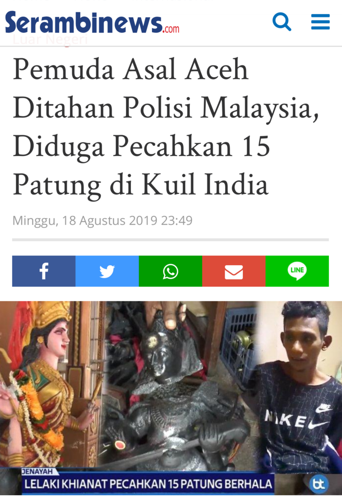Pemuda Asal Aceh Ditahan Polisi Malaysia, Pecahkan 15 Patung di Kuil India