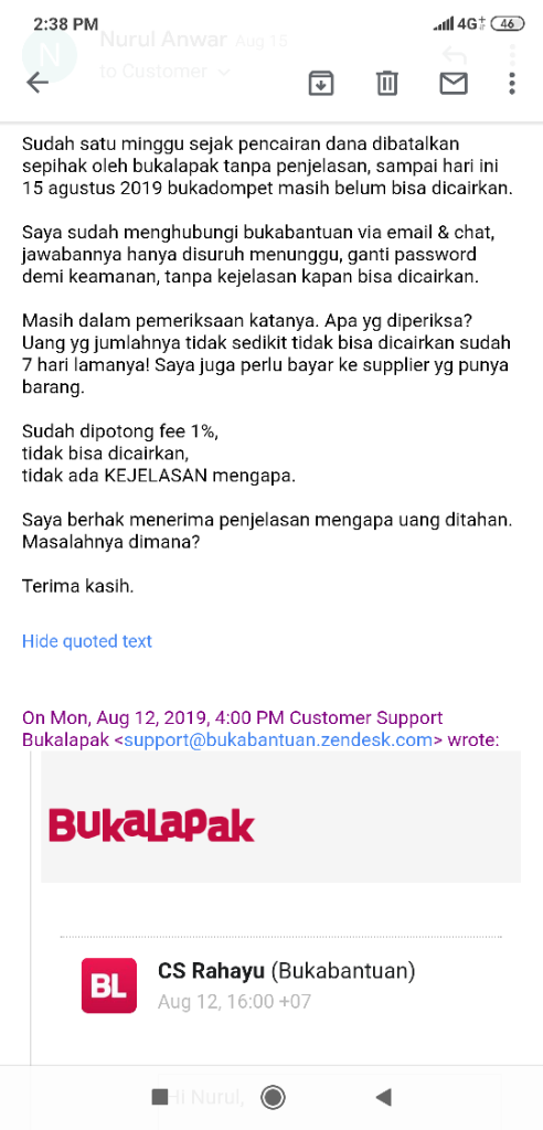 bukalapak menahan dana lewat dua minggu tanpa kejelasan