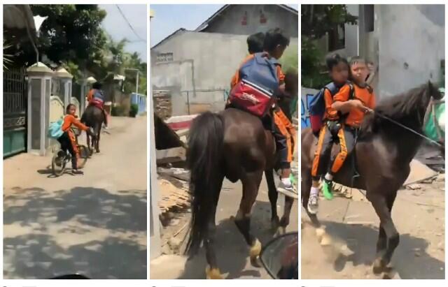 Dua Bocah Ini Naik Kuda ke Sekolah
