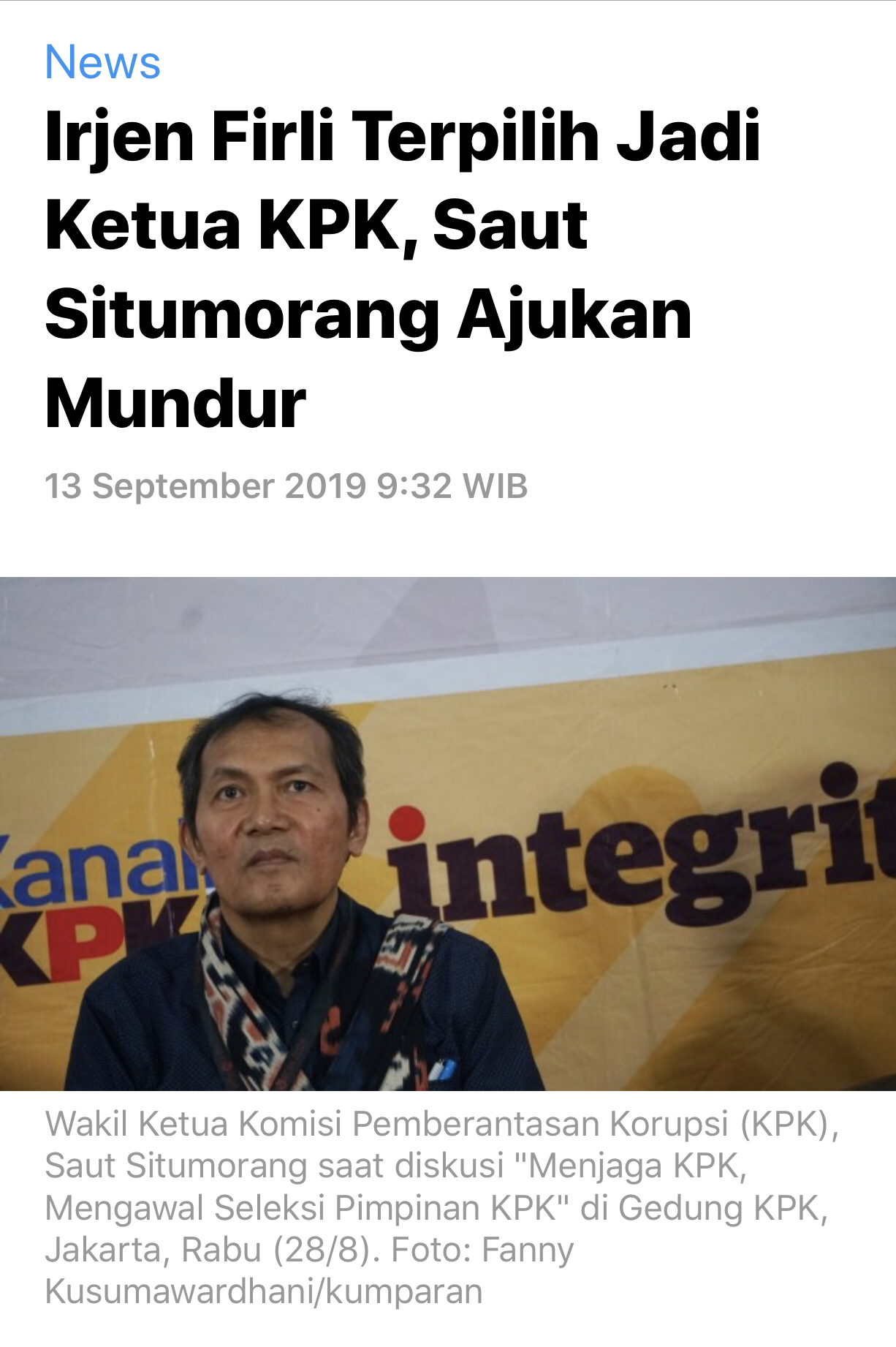 Penasihat KPK Akan Mundur Sebelum Pelantikan Firli