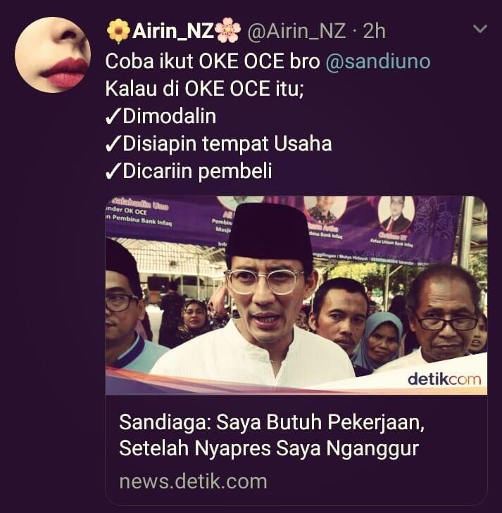 Sandiaga Uno Sebut Sedang 'Nganggur ', LiNa Jobstreet Beri Respons Kocak