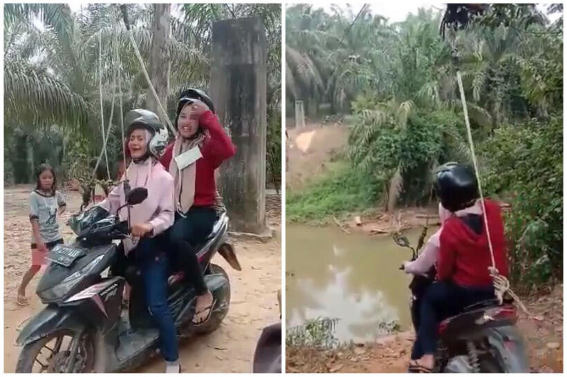 Nekat, Pengendara Motor Seberangi Sungai Pakai Tali Flying Fox