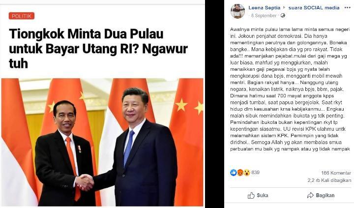 Pemerintah Cina Meminta Dua Pulau ke Presiden Jokowi untuk Membayar Utang Negara?