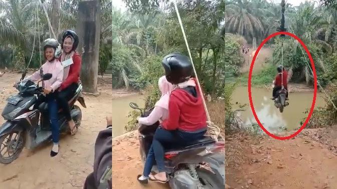 Video Viral Gadis Naik Motor Seberangi Sungai dengan Tali