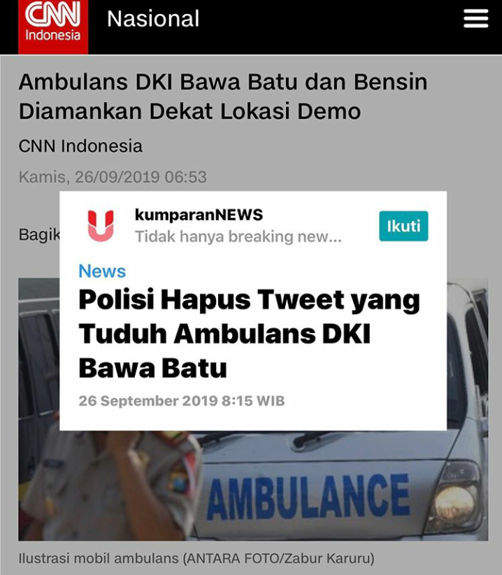 Polisi Hapus Tweet yang Tuduh Ambulans DKI Bawa Batu