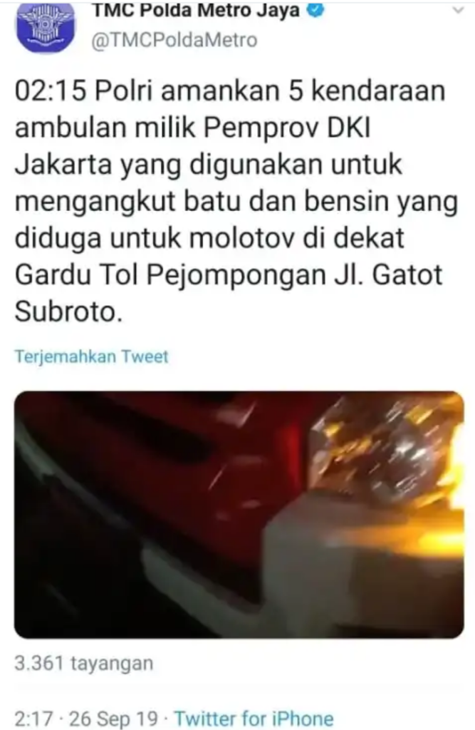 Polisi Hapus Tweet yang Tuduh Ambulans DKI Bawa Batu