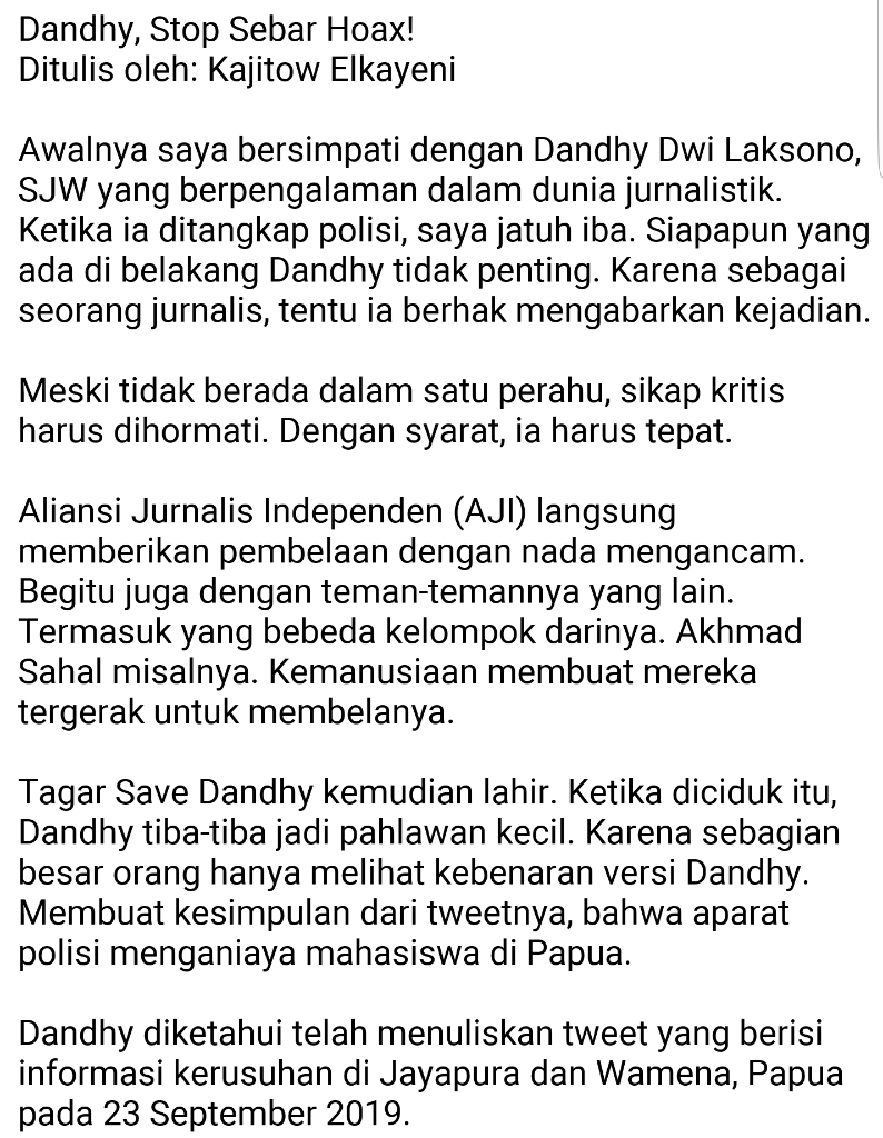 Dandhy, Stop Sebar Hoax Di Papua! 32 Tewas Karena Andil Provokasimu