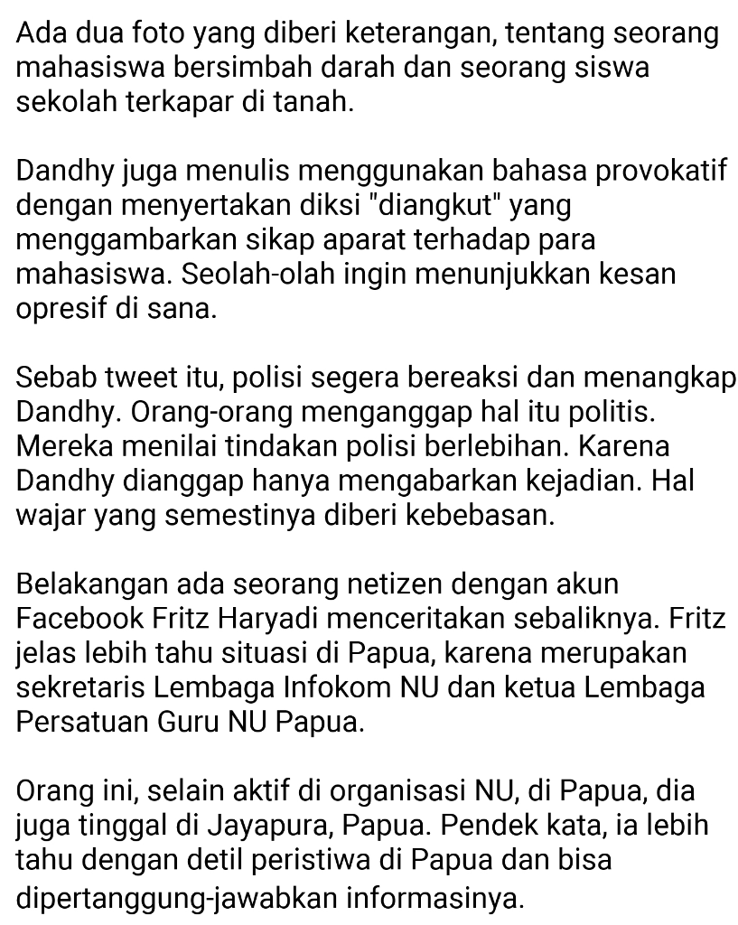 Dandhy, Stop Sebar Hoax Di Papua! 32 Tewas Karena Andil Provokasimu