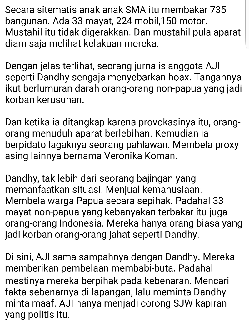 Dandhy, Stop Sebar Hoax Di Papua! 32 Tewas Karena Andil Provokasimu