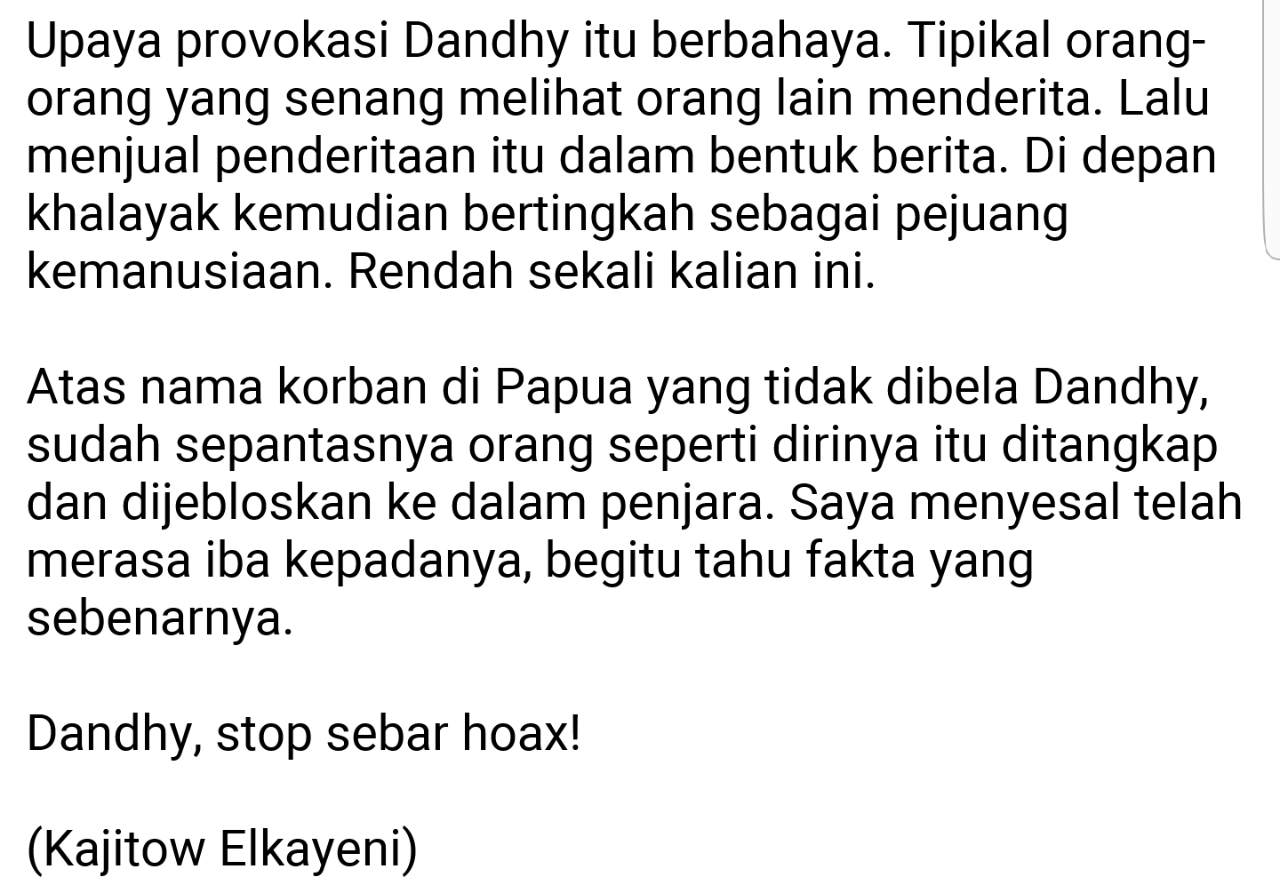 Dandhy, Stop Sebar Hoax Di Papua! 32 Tewas Karena Andil Provokasimu