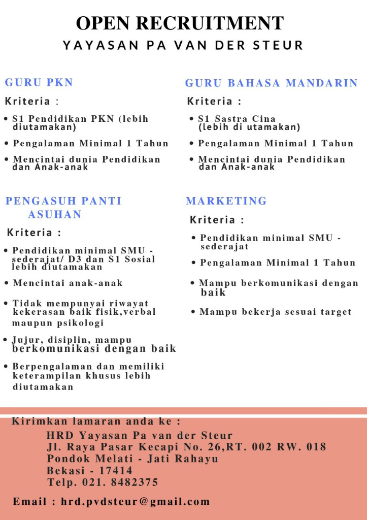 &#91;BEKASI&#93; Loker Guru &amp; Staff di Sekolah PvdS, Jatirahayu