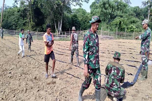 TNI dan SAD Gotong Royong Pasang Selang Air untuk Aliri Tanaman