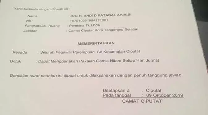 Camat Ciputat Ungkap Musabab Munculnya Surat Edaran Berbaju Gamis Hitam