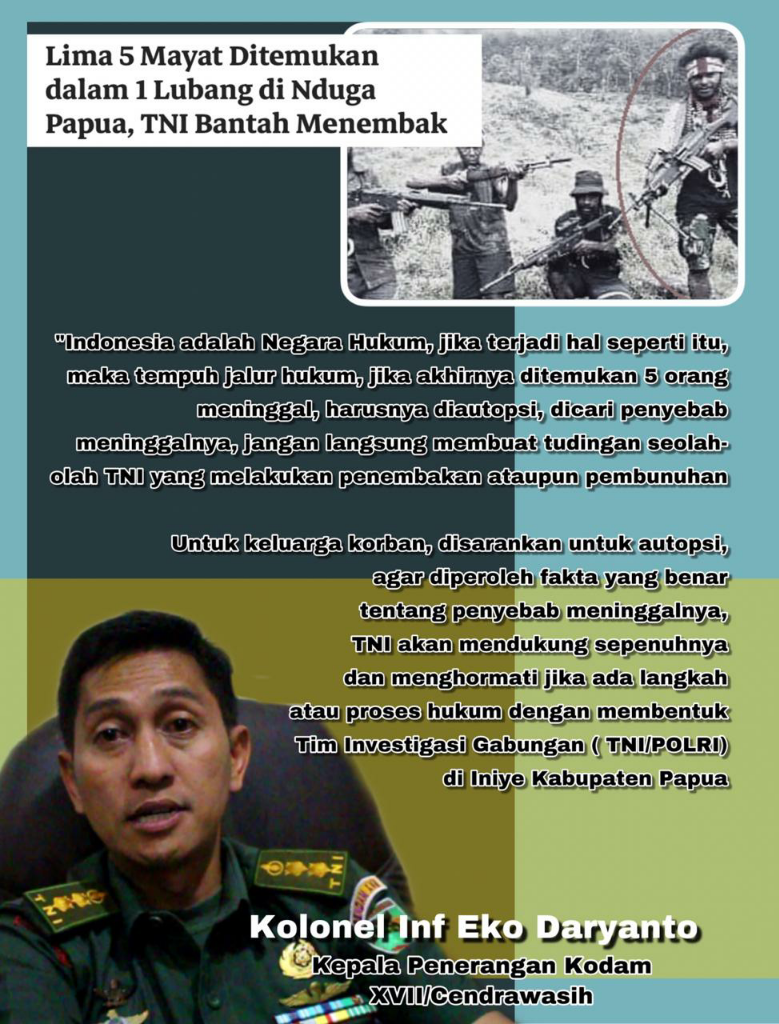 Provokatif, Tuduhan TNI Membunuh 5 Orang di Nduga Tak Berdasar