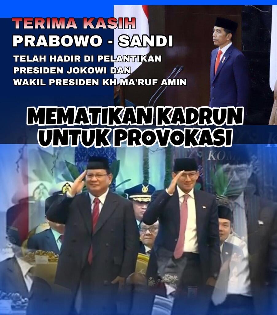 Terimakasih Prabowo-Sandi, Pelantikan Presiden dan Wapres Berlangsung Aman dan Lancar