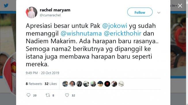 Rachel Maryam Apresiasi Jokowi, Warganet Curiga Akunnya Diretas