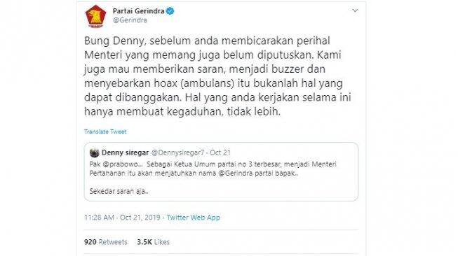 Gerindra Sekakmat Sindiran Denny Siregar soal Prabowo jadi Menteri