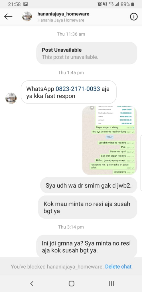 Penipu Akun OL IG HANANIAJAYA_HOMEWARE