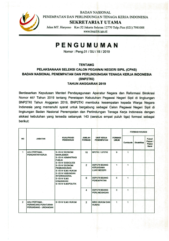 Penerimaan CPNS Tahun Anggaran 2019 Di Lingkungan BNP2TKI Indonesia