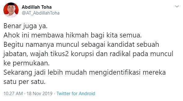 Abdillah Toha : Nama Ahok Dirut BUMN, Tikus-tikus dan Radikal Muncul