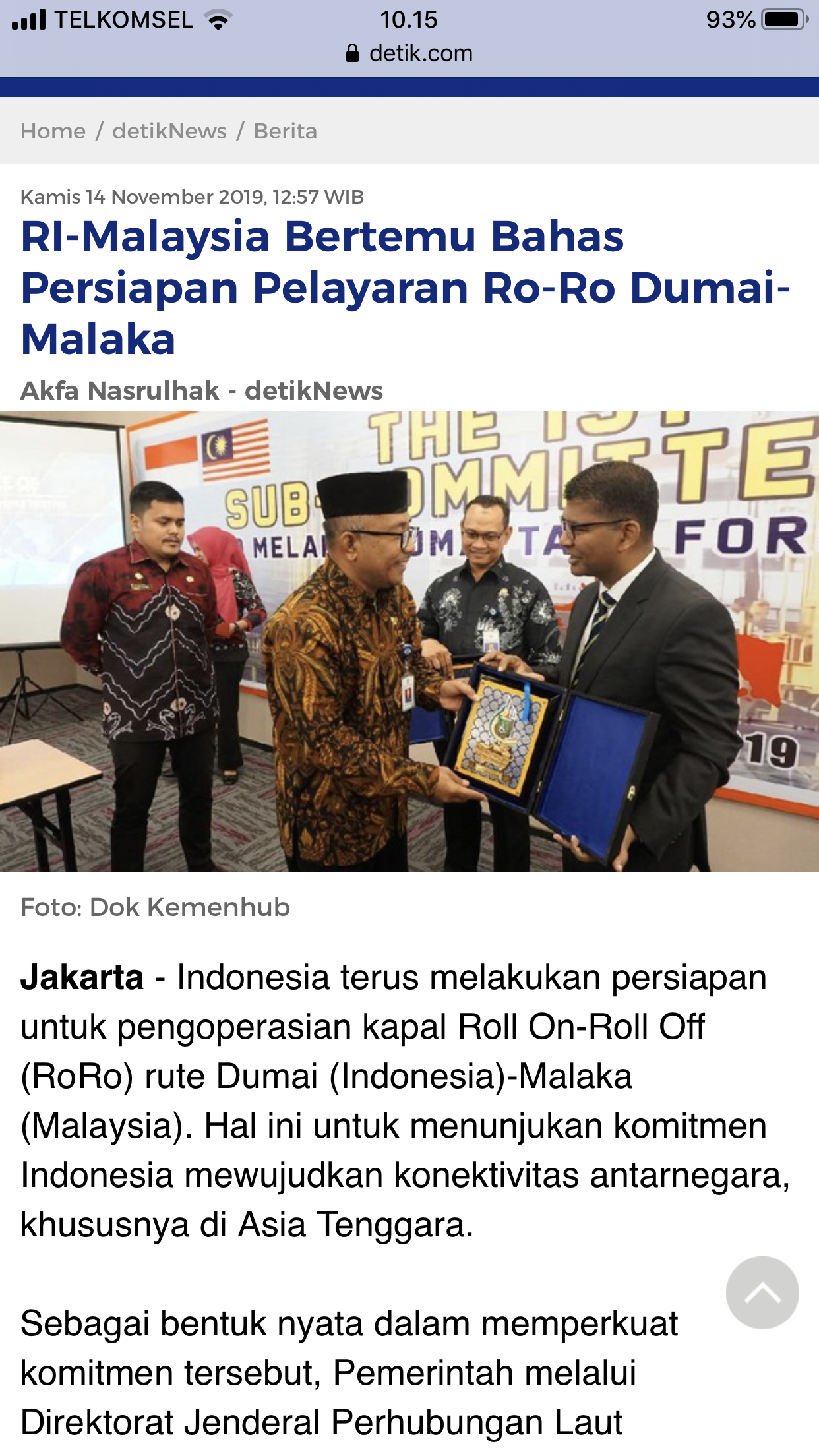 RI-Malaysia Bertemu Bahas Persiapan Pelayaran Ro-Ro Dumai-Malaka