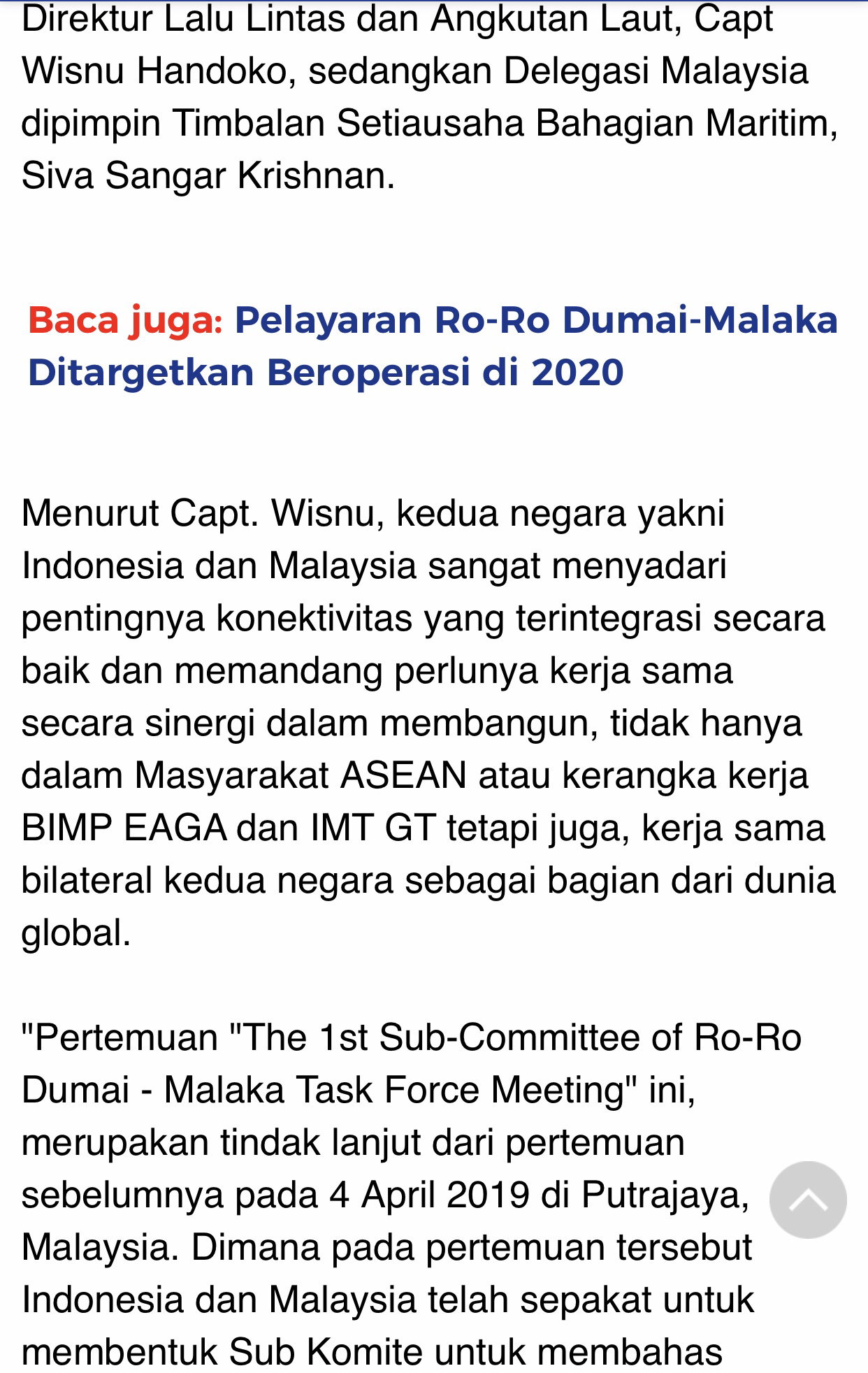 RI-Malaysia Bertemu Bahas Persiapan Pelayaran Ro-Ro Dumai-Malaka