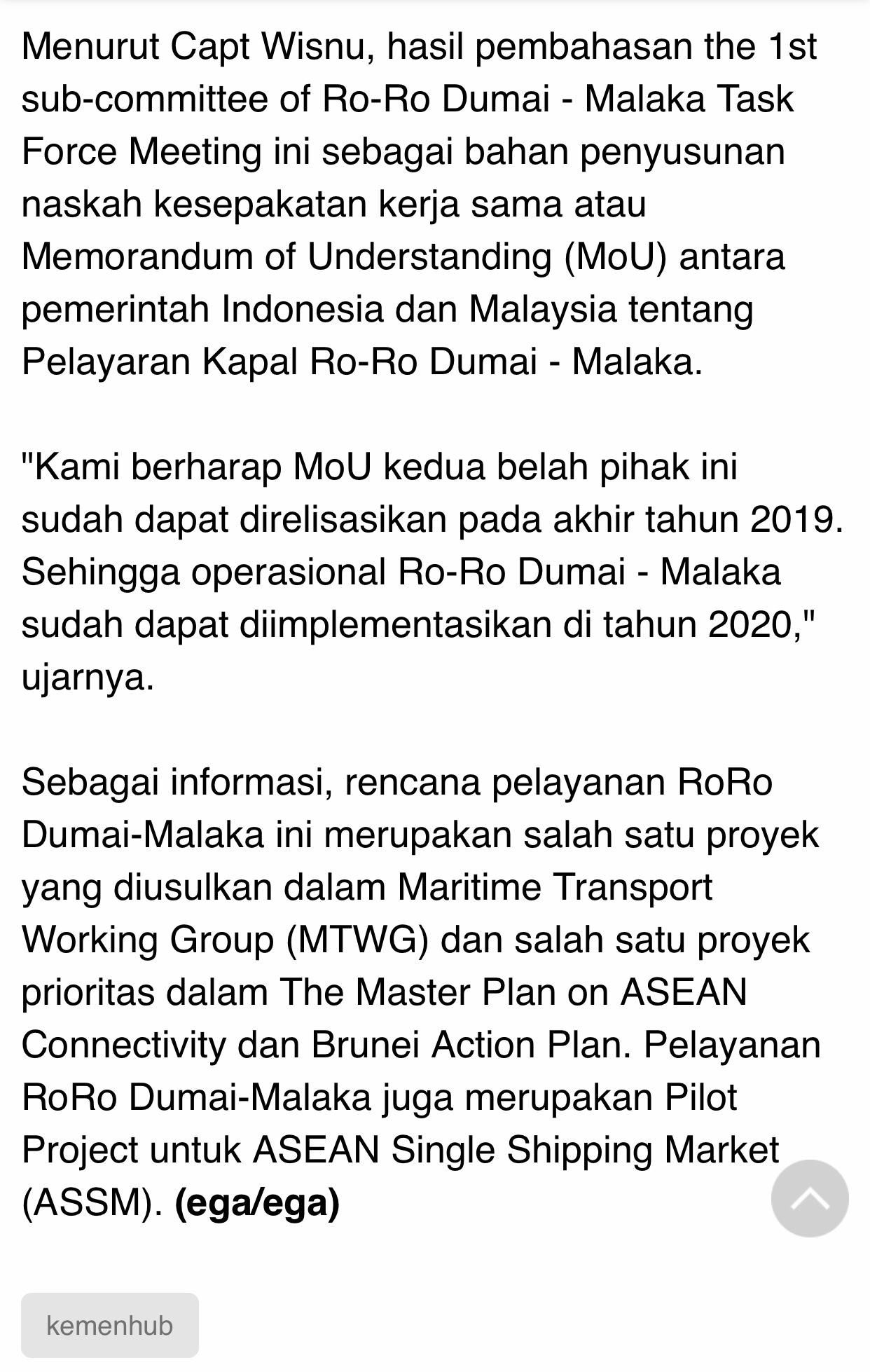 RI-Malaysia Bertemu Bahas Persiapan Pelayaran Ro-Ro Dumai-Malaka