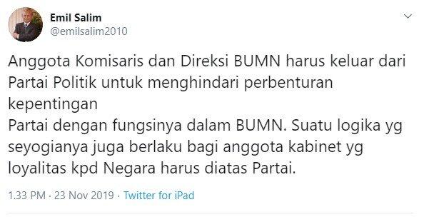 Anggota BUMN Harus Keluar Parpol, Emil Salim: Harusnya Kabinet Juga