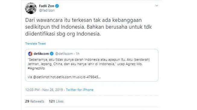Fadli Zon Kecam Pernyataan Agnez Mo Tidak Punya Darah Indonesia