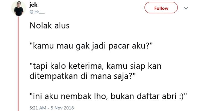 12 Twit Lucu Super Nyeleneh Nolak Halus yang Bikin Jomlo Kejang-kejang! Kasihan Gak?