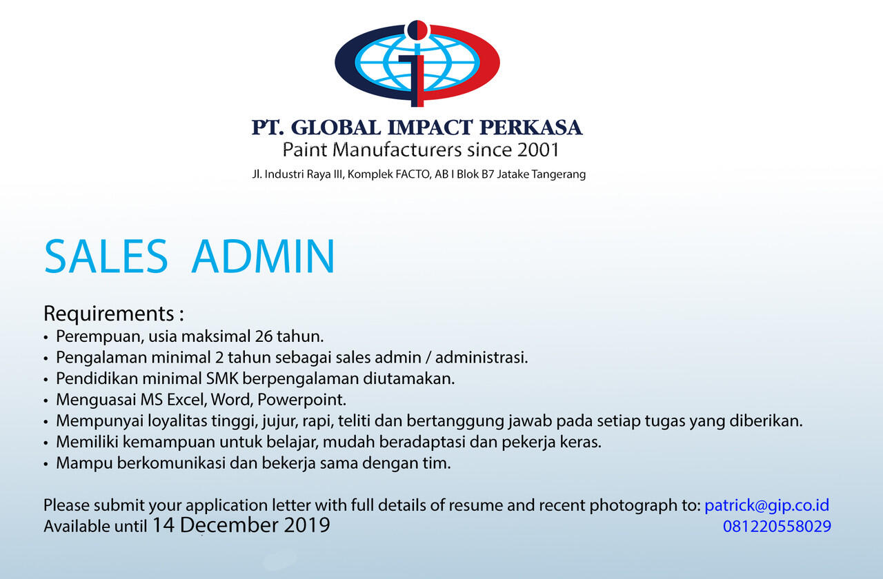 &#91;Jatake, Tangerang&#93; Lowongan Admin Sales