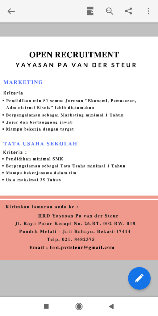 &#91;BEKASI&#93; &#91;SEKOLAH&#93; Loker TU &amp; Staff Marketing di PvdS, Jatirahayu